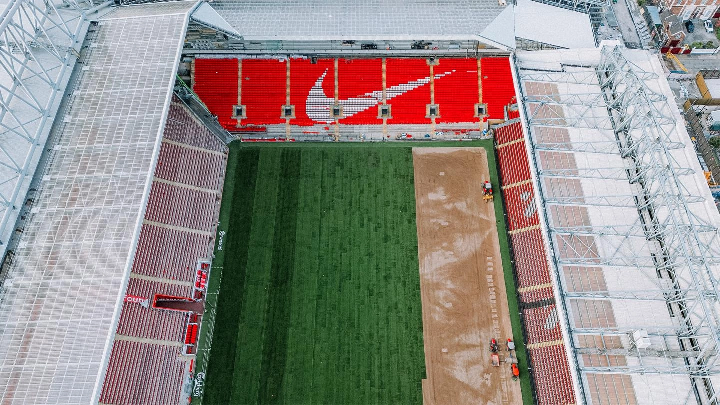 An aerial photo taken in July 2023 shows the latest progress of the Anfield Road Stand expansion from above