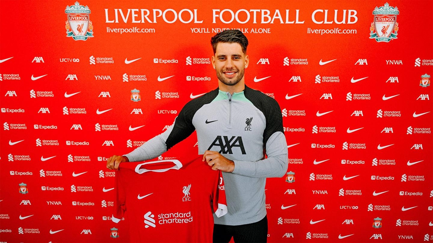 Dominic Szoboszlai holds the Liverpool FC shirt at the AXA Training Centre Dominic Szoboszlai holds the Liverpool FC shirt at the AXA Training Centre