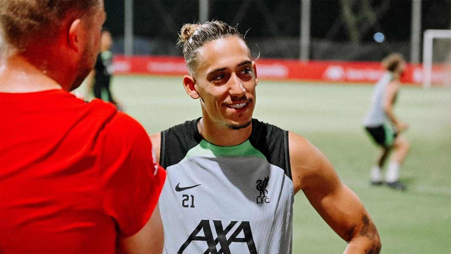 Kostas Tsimikas gives an interview during Liverpool's pre-season trip to Singapore