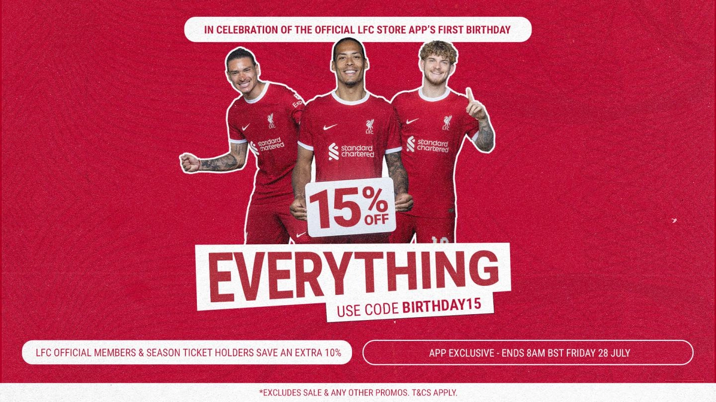 Graphic showing a 15% off saving at the LFC Store app