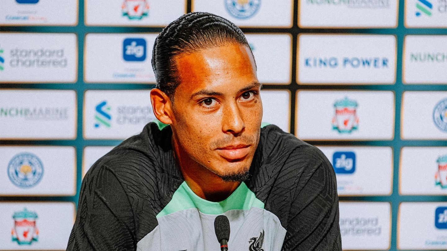 Virgil van Dijk speaks during a Liverpool FC press conference in Singapore