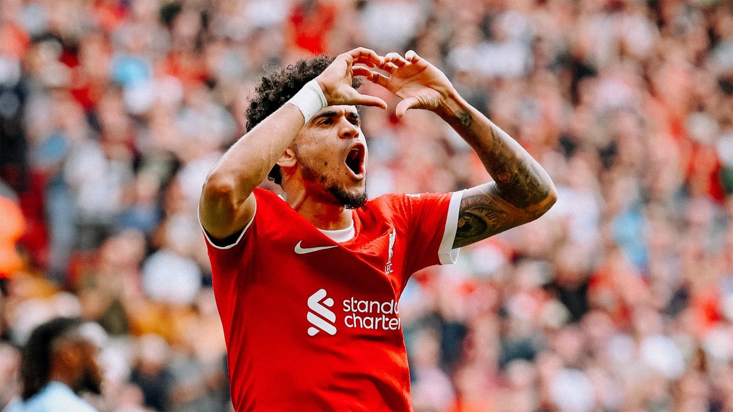 Luis Diaz celebrates scoring a goal for Liverpool at Anfield