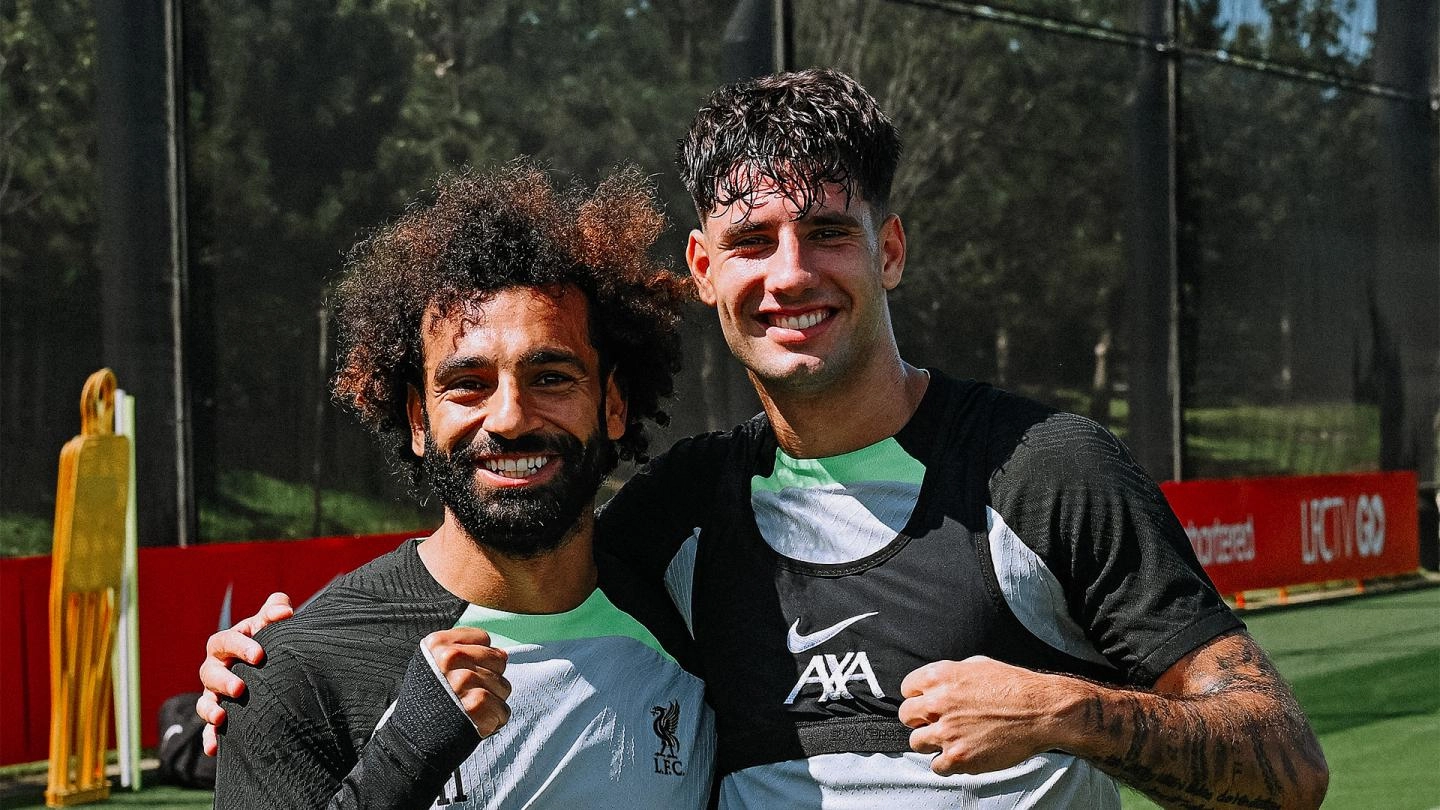 Mohamed Salah and Dominik Szoboszlai of Liverpool FC