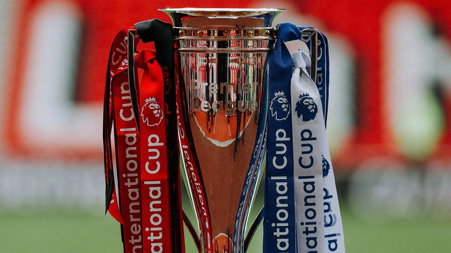 A close-up view of the Premier League International Cup trophy