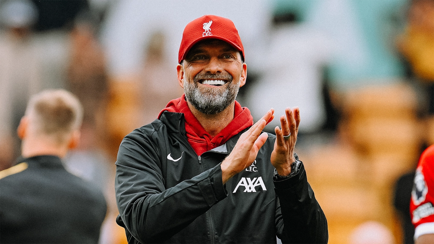 Jürgen Klopp celebrates after Liverpool's victory at Wolverhampton Wanderers