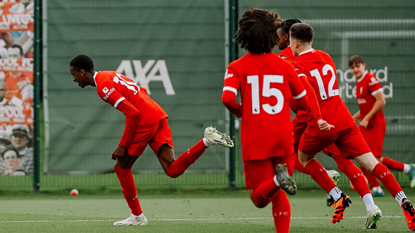 Trey Nyoni celebrates after scoring a winning goal for Liverpool U18s against Everton