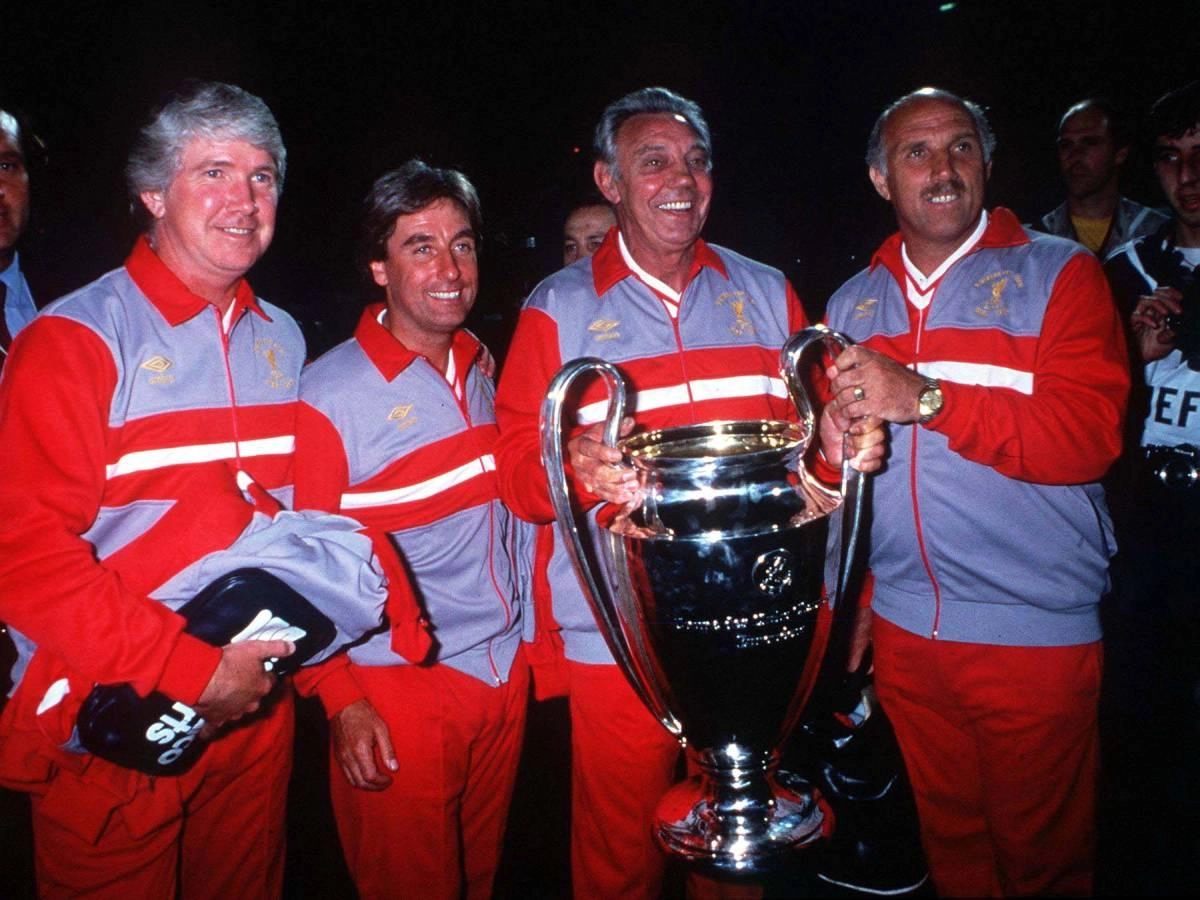 Chris Lawler, Roy Evans, Joe Fagan and Ronnie Moran after the 1984 European Cup final (left to right)