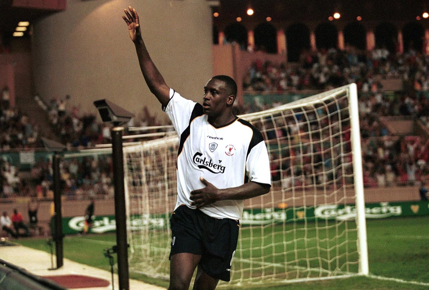 Emile Heskey celebrates after scoring in the 2001 match