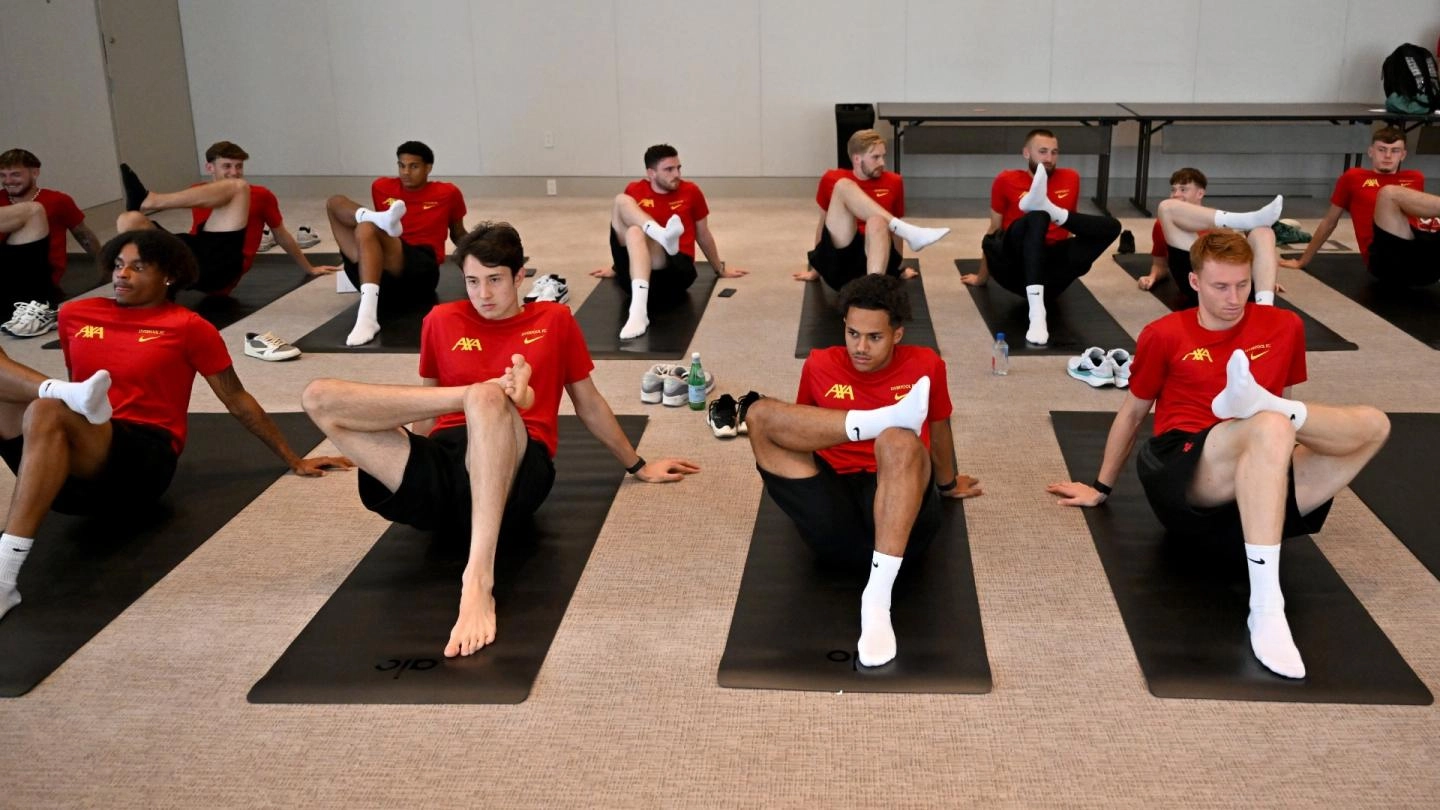 Gallery: Liverpool perform stretching session after arriving in Philadelphia