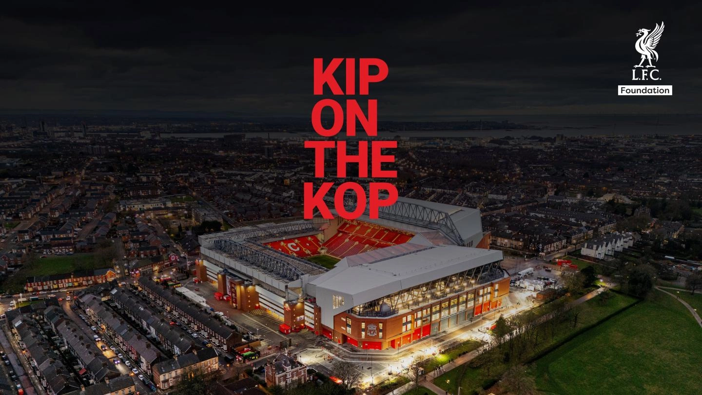 Aerial view of Anfield Stadium at night