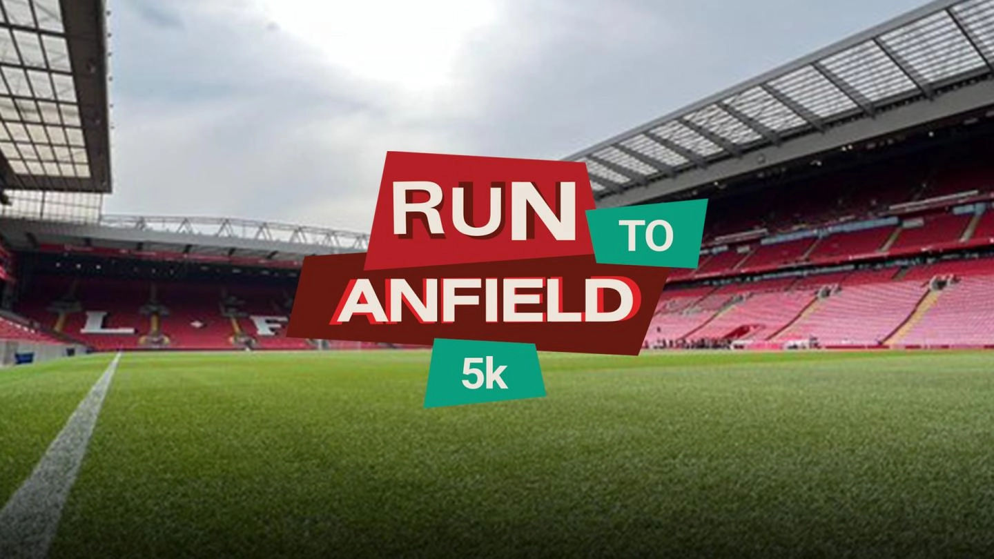 Run To Anfield graphic in front of Anfield Stadium