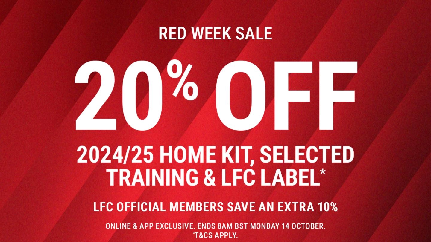 Get 20% off* 2024-25 home kit, training gear and LFC Label