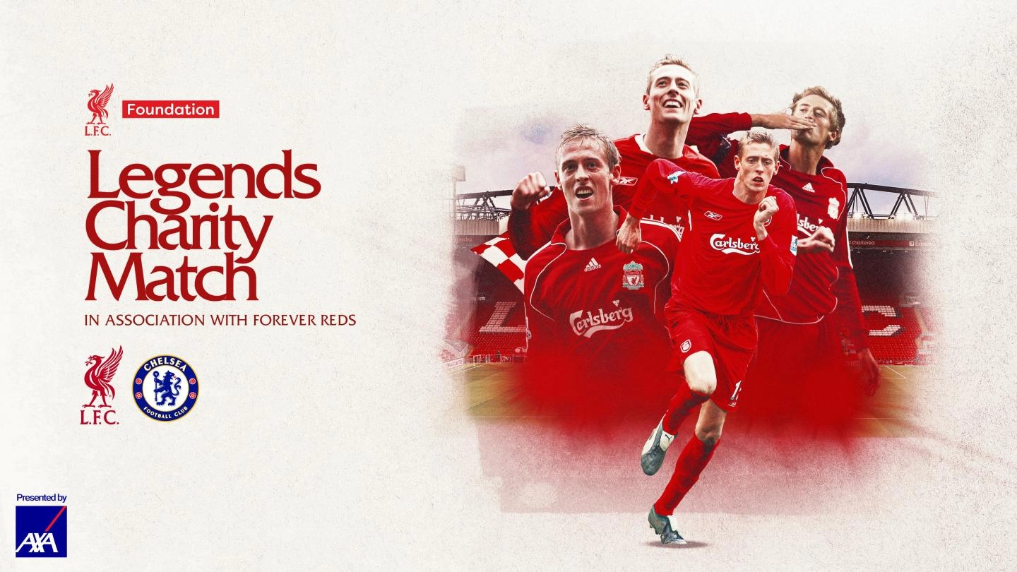 Montage image of Peter Crouch moments playing for LFC. Legends Charity Match displayed on the left hand side with LFC and Chelsea crests shown.