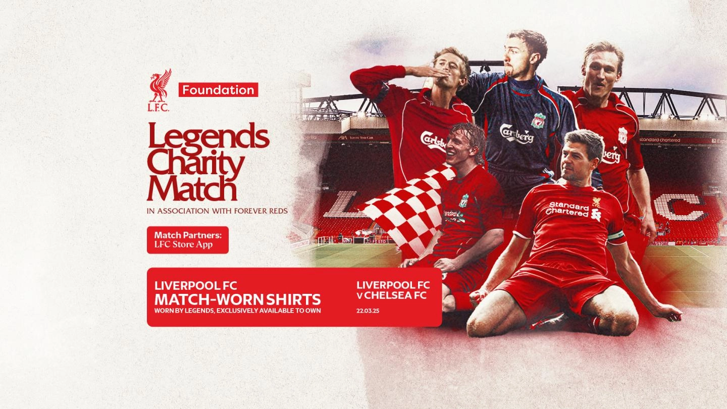 a collage of Liverpool Football Club players in front of Anfield Stadium. To the left is details about the Legends Charity Match and the auction for the players match worn shirts