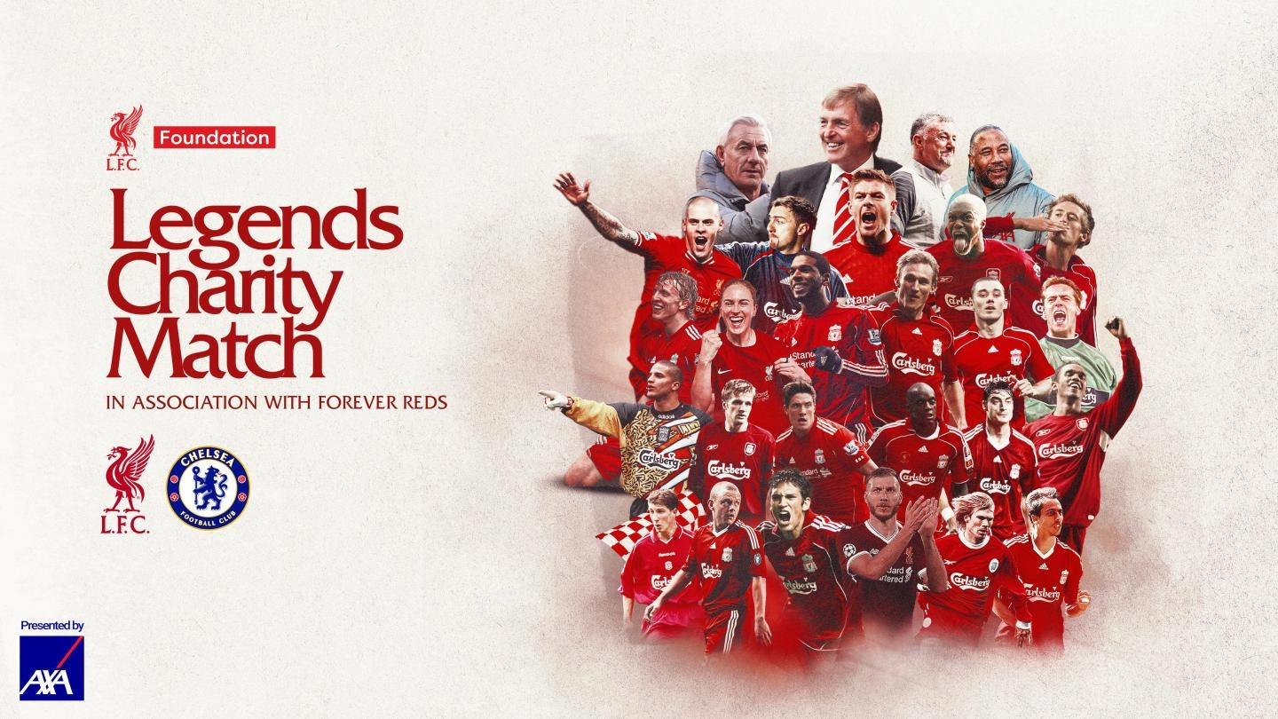 A collage of former LFC players arranged on a white backdrop. Legends Charity Match is written on the lefthand side above the Liverpool FC and Chelsea FC crests