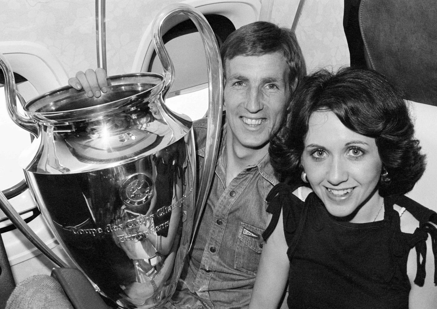 1977: Jones poses with the European Cup the day after Liverpool's triumph.