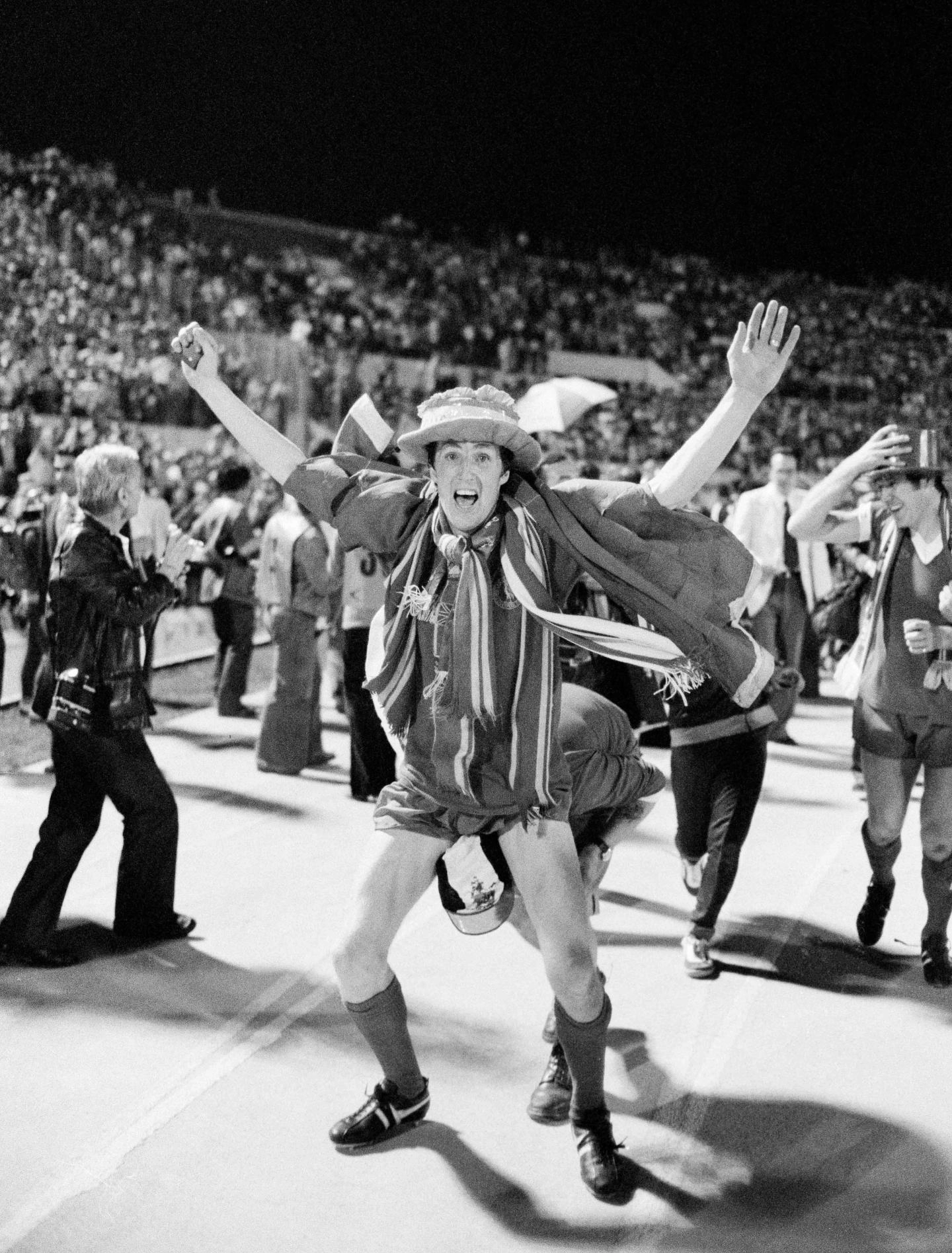 1977: Jones celebrates after winning the European Cup against Borussia Monchengladbach.