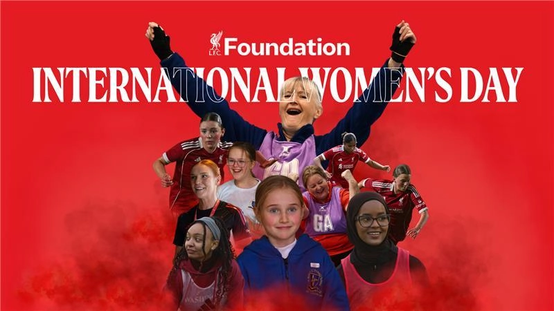 A graphic of women holding their hands up, participants of LFC Foundation Programmes, with the title 'International Women's Day' 