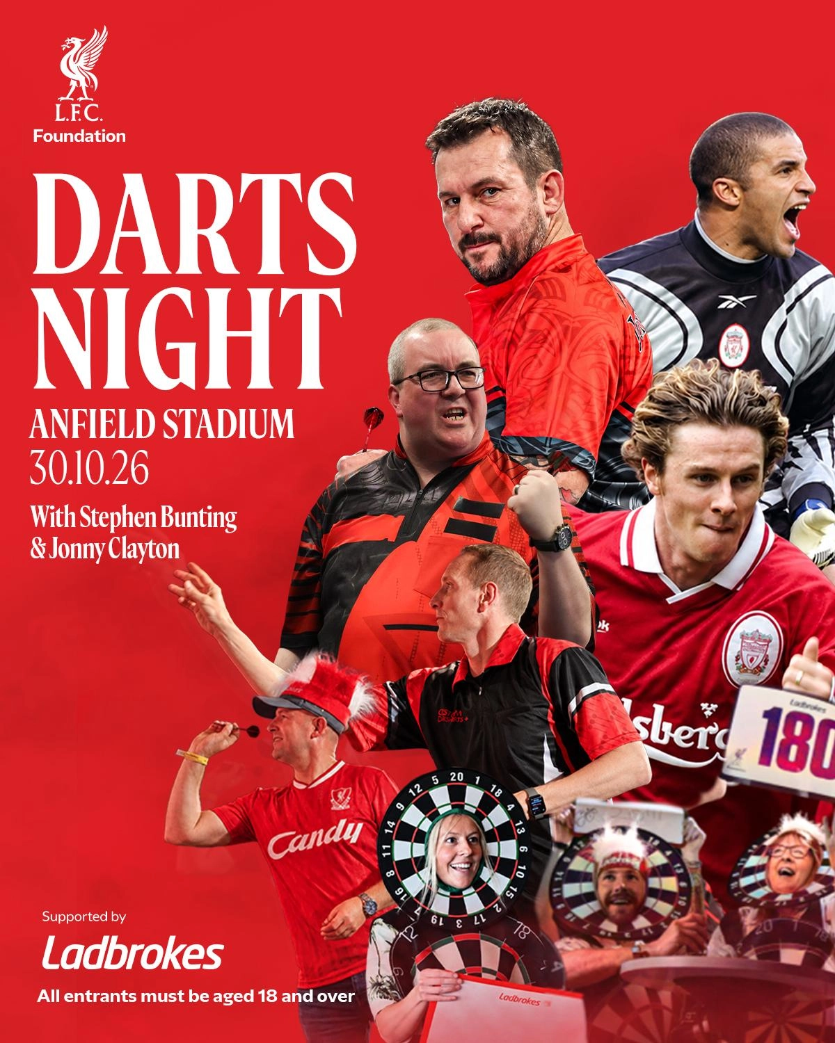 LFC Foundation darts event launch graphic with collage including Stephen Bunting and Jonny Clayton