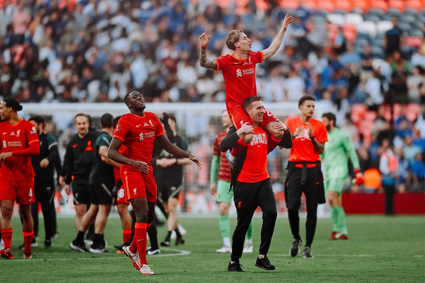 Birkenhead, UK. 24th Apr, 2022. Liverpool team celebrate with trophy after  winning the FA Women's Championship 2021-22 after winning the Womens  Championship football match between Liverpool and Sheffield United 6-1 at  Prenton