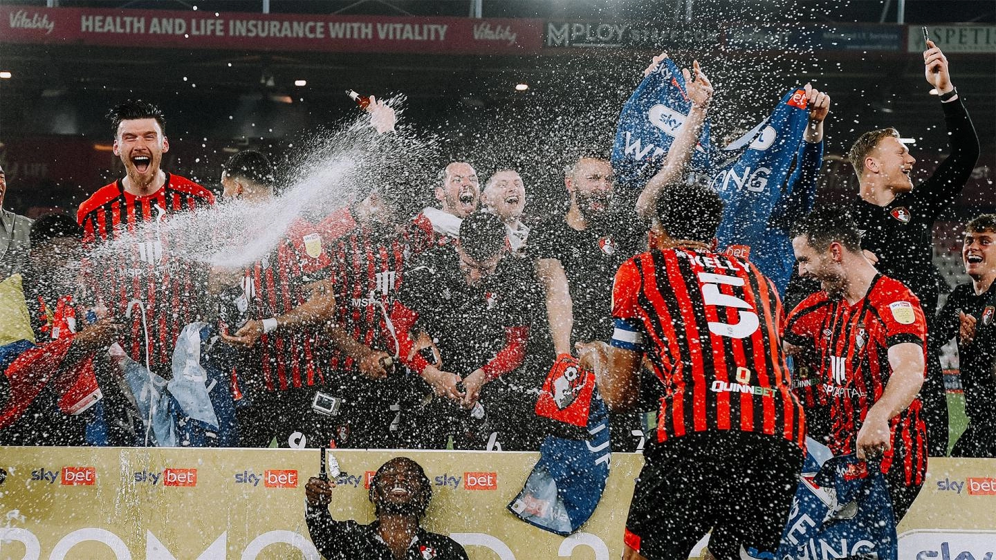 Nat Phillips celebrates promotion with Bournemouth