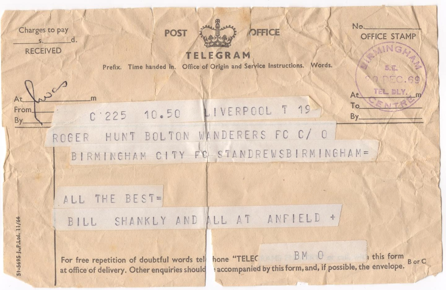 Roger's telegram from Bill Shankly following his Liverpool departure