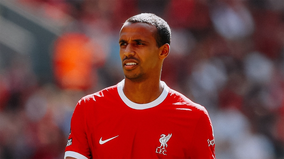 Joel Matip reacts during a Liverpool FC match at Anfield