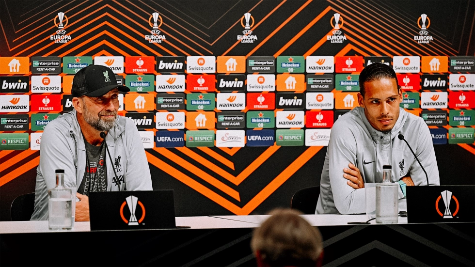 Jürgen Klopp and Virgil van Dijk at the pre-LASK Europa League press conference
