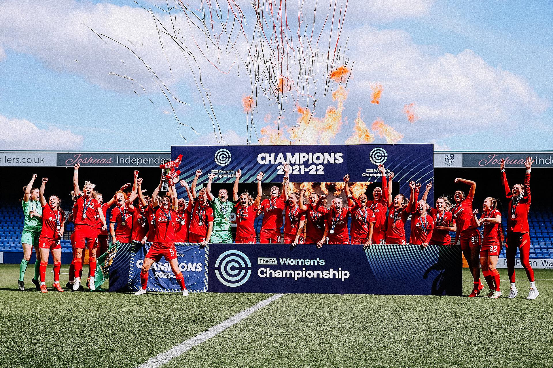 Birkenhead, UK. 24th Apr, 2022. Liverpool team celebrate with trophy after  winning the FA Women's Championship 2021-22 after winning the Womens  Championship football match between Liverpool and Sheffield United 6-1 at  Prenton