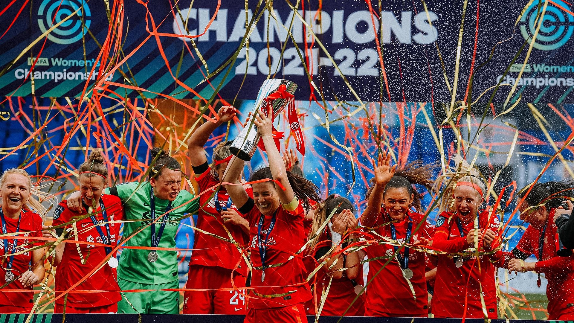 Birkenhead, UK. 24th Apr, 2022. Liverpool team celebrate with trophy after  winning the FA Women's Championship 2021-22 after winning the Womens  Championship football match between Liverpool and Sheffield United 6-1 at  Prenton